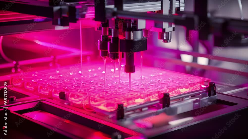 Poster an upclose of a living cell being printed onto a scaffold, part of the process of creating dynamic t
