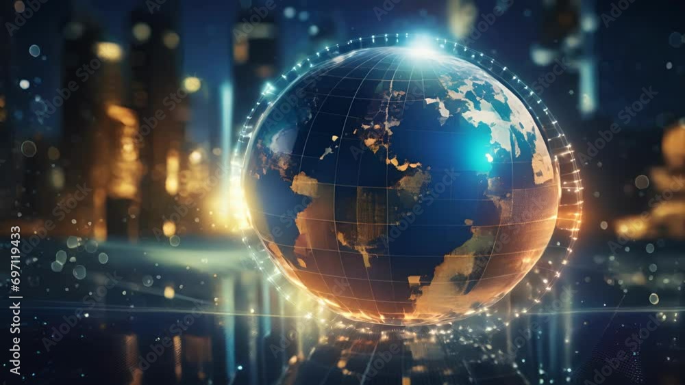 Poster a digital globe dotted with various cyber attack icons, showcasing the global scope of cybersecurity