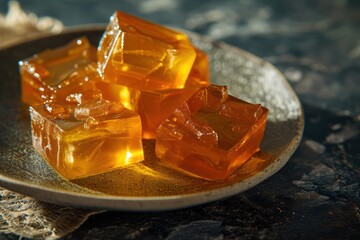 orange jelly cubes in a plate on a dark background. Selective focus. - obrazy, fototapety, plakaty