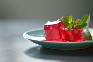 Cherry jelly with mint on plate, closeup. Space for text - obrazy, fototapety, plakaty