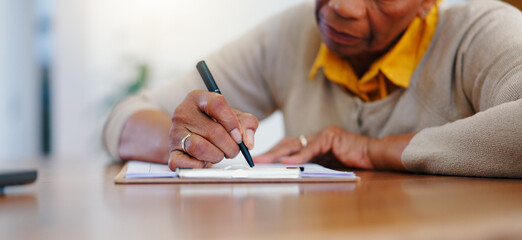 Senior woman, hands and writing agreement on contract, form or application for retirement plan or insurance at home. Closeup of elderly female person signing documents or paperwork on table at house - obrazy, fototapety, plakaty