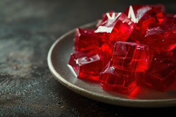 Red jelly cubes in glass bowl on dark background, selective focus