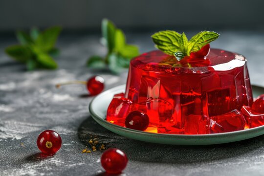 Jelly with red currant and mint on a gray concrete background