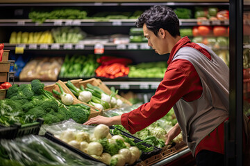 Trainee stocking up fresh vegetables on shelf in supermarket.
