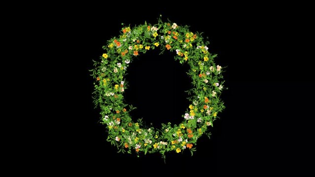 English alphabet O with grass and colorful flowers on plain black background