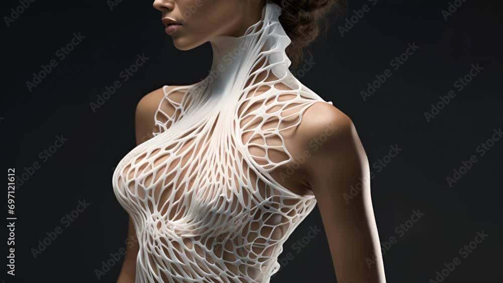 Poster a closeup of a 4d printed dress, showcasing the dynamic and fluid nature of the material as it moves
