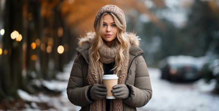 portrait of a woman in winter, portrait of a woman in the city, woman image of a beautiful blond
