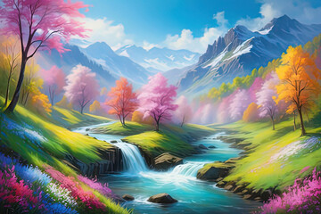 painting of a mountain stream with a waterfall in the foreground