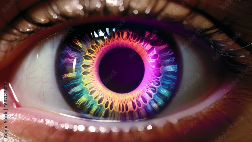 Poster a magnified view of a human eye, with colorful light waves passing through its lens and being refrac