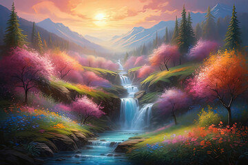 painting of a waterfall in a beautiful mountain landscape with trees