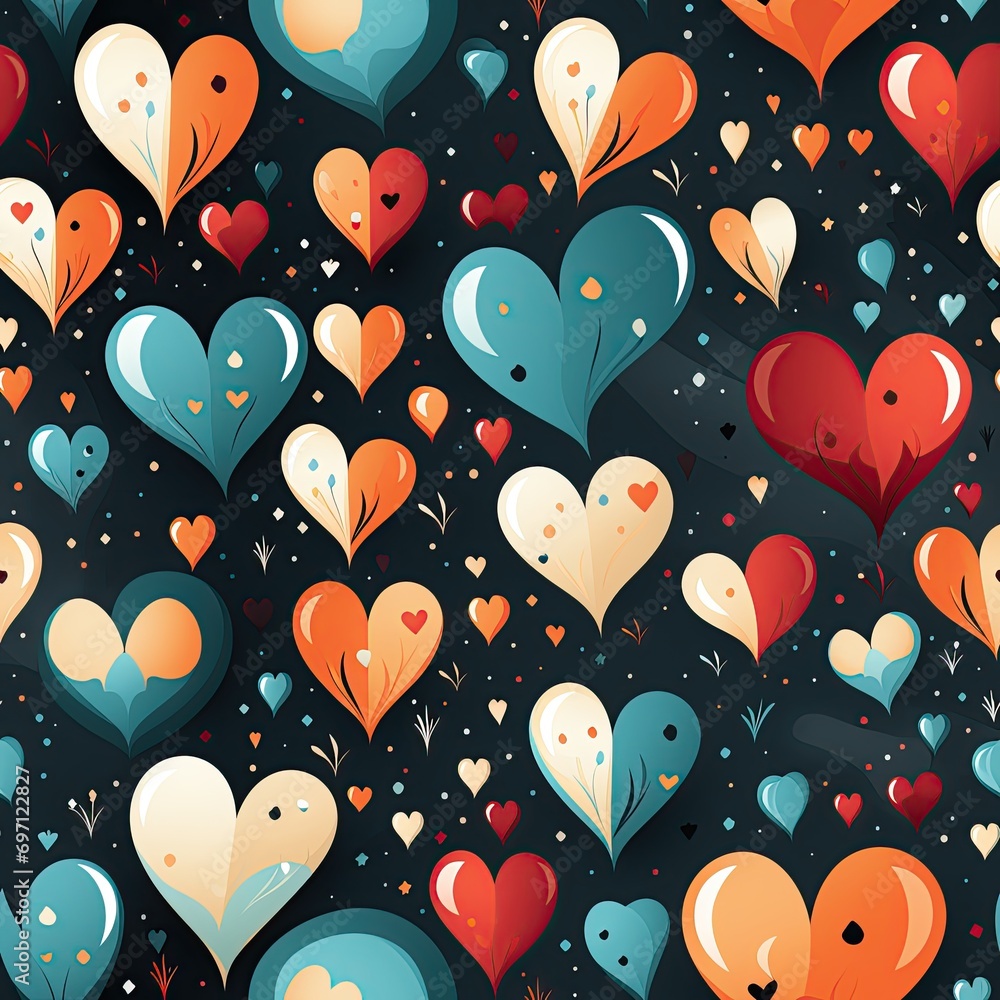 Wall mural seamless pattern with hearts on black background. festive texture for greeting card or wrapping pape