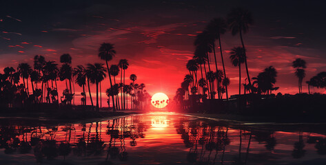 sunset on the lake, sunset over the river, the beach with palm trees in a red sunset