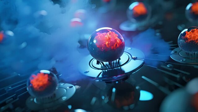 Tiny robots called nanobots are being developed to target and destroy cancer cells, as seen in this closeup of them navigating through a vessel.