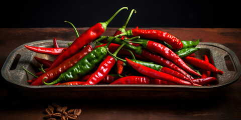 red hot chili peppers,Red hot chili peppers generative ai.Chilli pods in a wooden bowl on a rustic black wooden table.,Red chili peppers in a bowl on a dark background