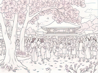 drawing of a group of people standing under a tree in a park