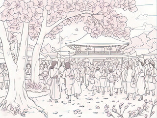 Obraz premium drawing of a group of people standing under a tree in a park