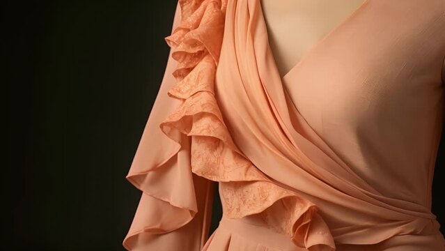 Closeup of a Peach Fuzz colored angrakha style jacket, with delicate thread work and a modern asymmetrical hemline.