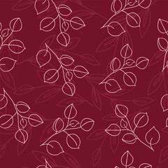 Fototapeta na wymiar Seamless pattern with sprigs of leaves on a dark red background.