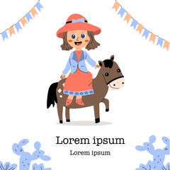 Pretty cowgirl kids party banner or poster. Vector illustration in flat cartoon style. Suitable for kids birthday invitation. 