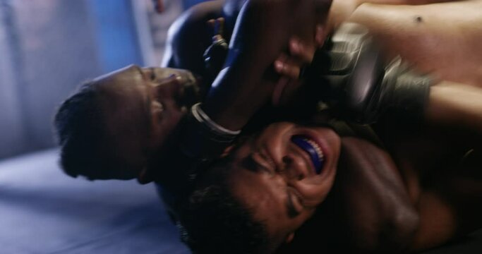 Men, boxers and fighting in ring, competition and face for workout, boxing and strong. Exercise, sports and arm muscles for power, self defense and concentration for challenge, mma and skills