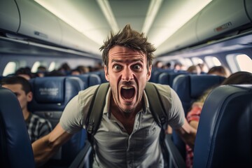 Aggressive adult male passenger with emotion on his face screaming while standing on plane, panicking - 697124241