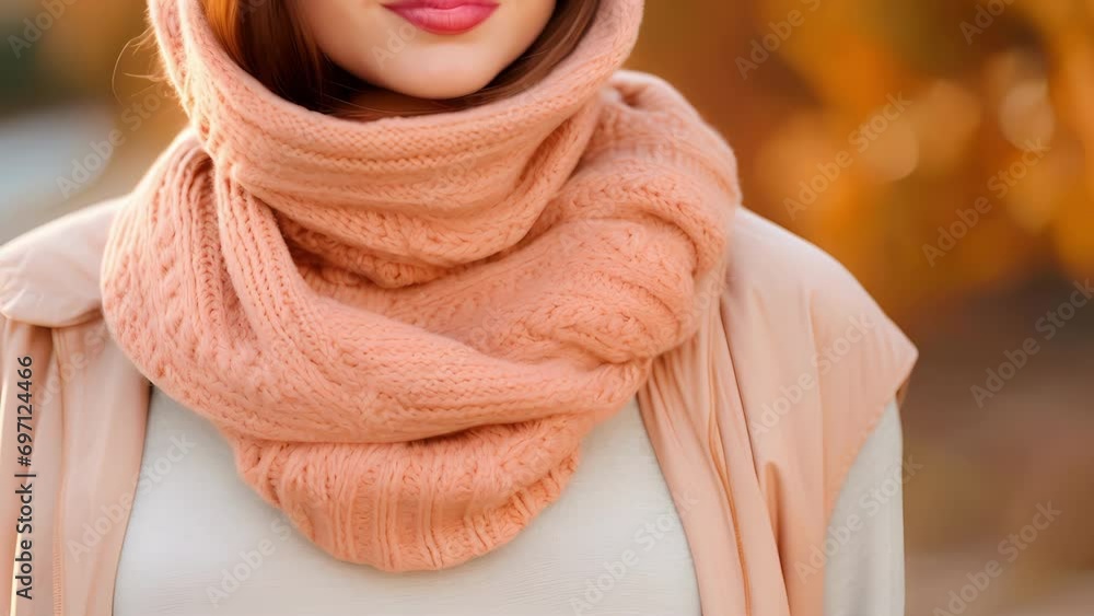 Poster closeup of a cozy layered autumn look, featuring a peach fuzzcolored scarf dd around a turtleneck sw