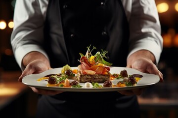Obraz na płótnie Canvas A chef presenting a gourmet dish in a high-end restaurant, emphasizing culinary art, luxury, and taste.