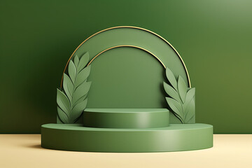 3D rendering model of green round podium base with abstract or plants sculpture props on a green background. Generative AI. - obrazy, fototapety, plakaty