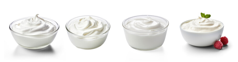 Collection of bowl of fresh greek yogurt or sour cream on isolate transparency background, PNG - obrazy, fototapety, plakaty
