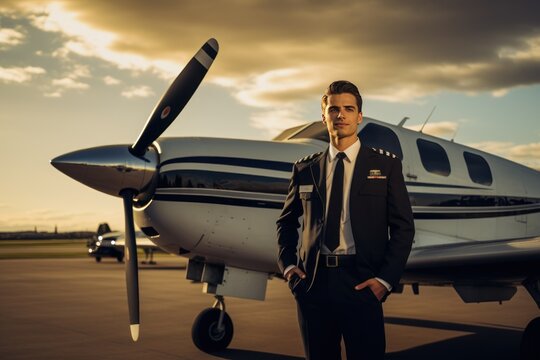 A pilot in uniform standing beside an airplane, conveying expertise, adventure, and travel.