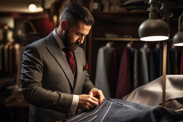 A tailor fitting a suit, representing craftsmanship, fashion, and bespoke tailoring - obrazy, fototapety, plakaty