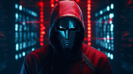 a hacker in a red hoodie with a robotic black mask