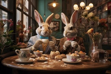 two cute rabbit drinking tea in cozy cafe. funny animals cartoon characters with lantern sitting at table. fairy tale concept - obrazy, fototapety, plakaty