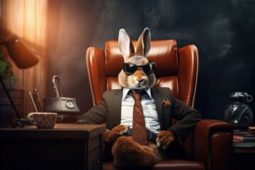 Cool vintage rabbit wearing suit and sunglasses sitting on armchair in his office - obrazy, fototapety, plakaty
