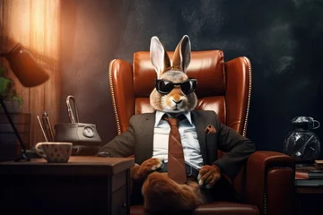 Fotobehang Cool vintage rabbit wearing suit and sunglasses sitting on armchair in his office © Александр Ткачук