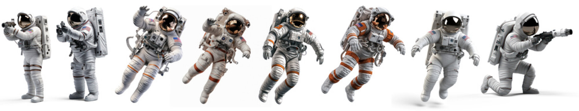Astronauts standing with helmets set isolated happy man and woman in costumes of spacecraft crew holding hand up, astronauts characters in spacesuits greeting and walking
