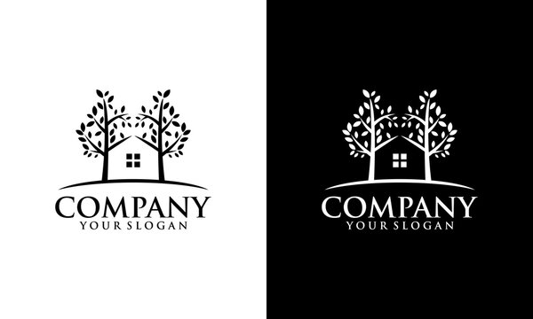 Creative Green Wood Resident Vector logo. Design template of two trees incorporate with a house that made from a simple scratch. it's good for symbolize a property or wooden housing business