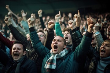 A photograph of a cheering crowd in a football stadium.