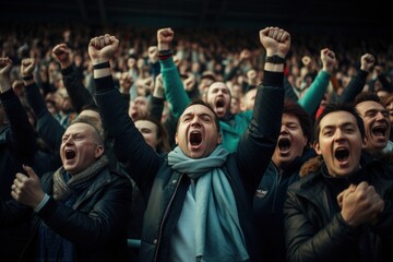 A photograph of a cheering crowd in a football stadium. - obrazy, fototapety, plakaty
