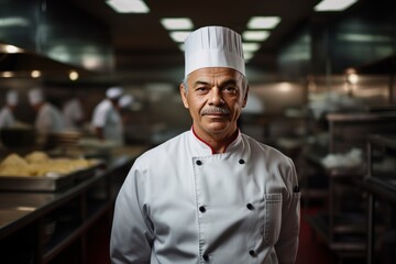Portrait of a seasoned chef in a commercial kitchen, culinary expertise and passion.