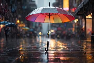 a colorful umbrella that is standing in the rain