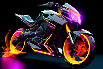 Cruise into the future with this captivating image of a fantasy motorbike adorned with neon lights, speeding along a highway against a dark backdrop.  Generative AI.