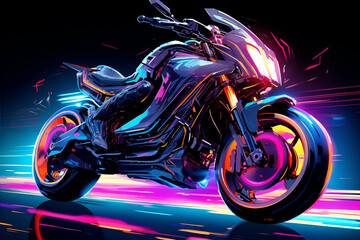 Cruise into the future with this captivating image of a fantasy motorbike adorned with neon lights, speeding along a highway against a dark backdrop.  Generative AI.