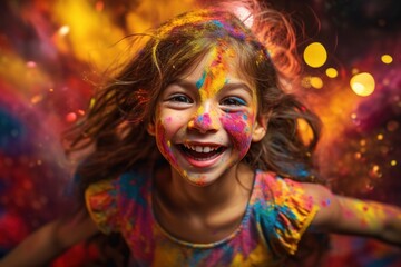 Holi festival celebration, children's colorful illustration with colored drawings.