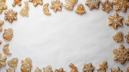 Christmas Frame of Gingerbread cookies on Light Background. View from above. Top view. Flat lay...