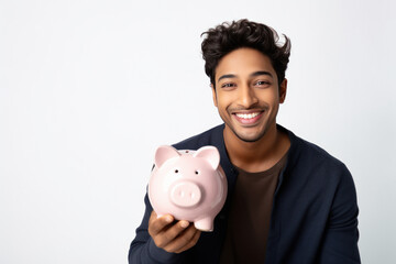 Fototapeta na wymiar young indian man holding piggy bank