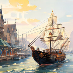 painting of a ship in the water near a city with buildings