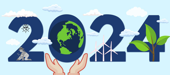 Sustainable development concept, 2024 typography with green energy and sustainable development icon art
