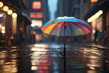 brightly colored umbrella on wet sidewalk in city at night