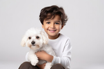 indian little boy with cute dog - obrazy, fototapety, plakaty